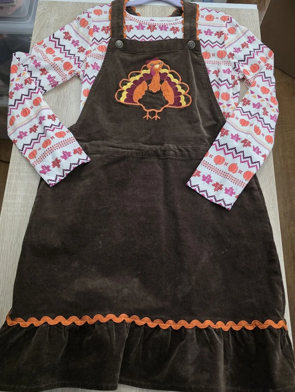 Gymboree Girls Thanksgiving Corduroy Turkey Overall Dress & Shirt Outfit Size 12